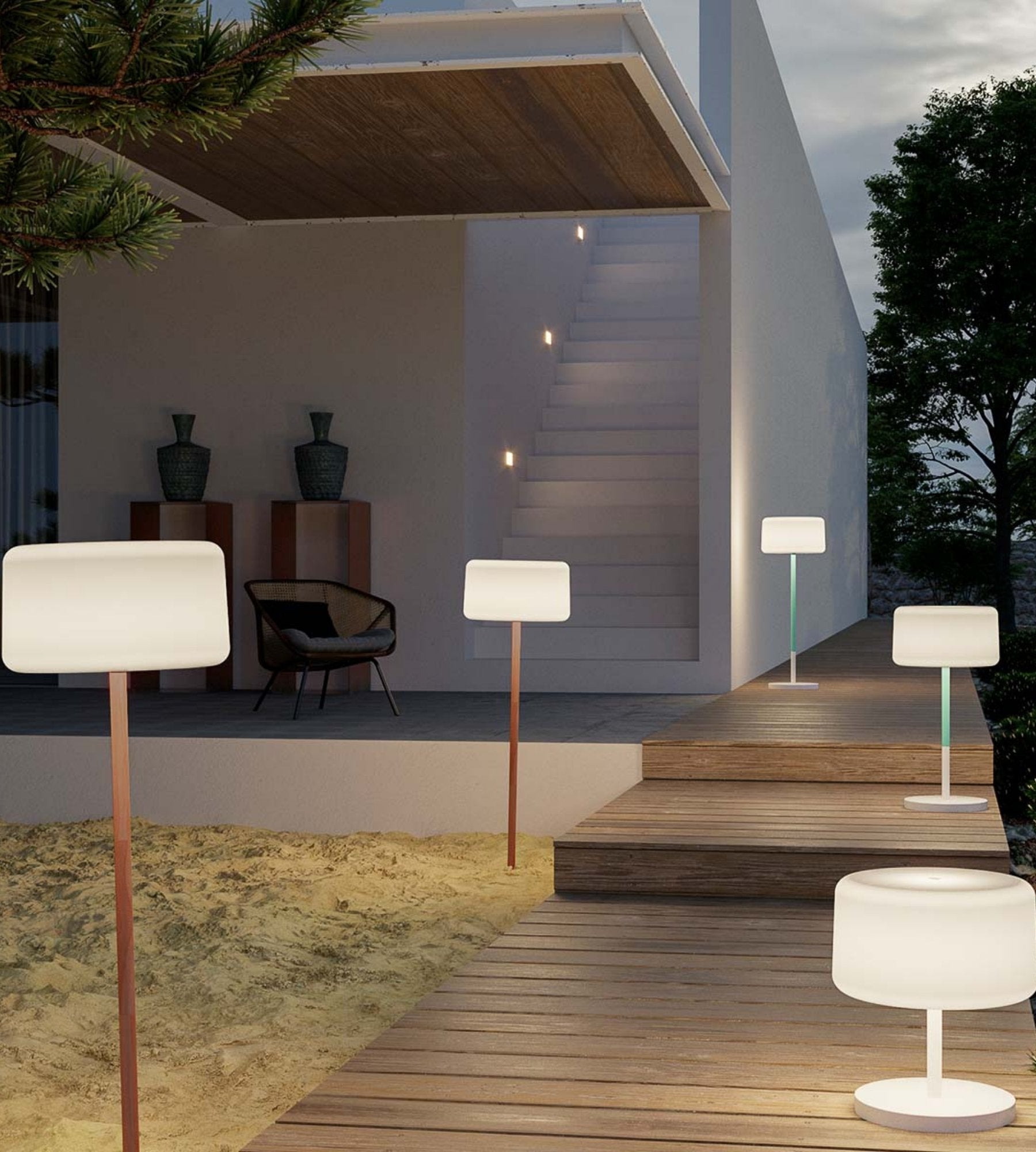 Candeeiro solar 5 em 1 CHLOE PLANT - Iluminação ajustável branca e multicolorida - Haste em madeira