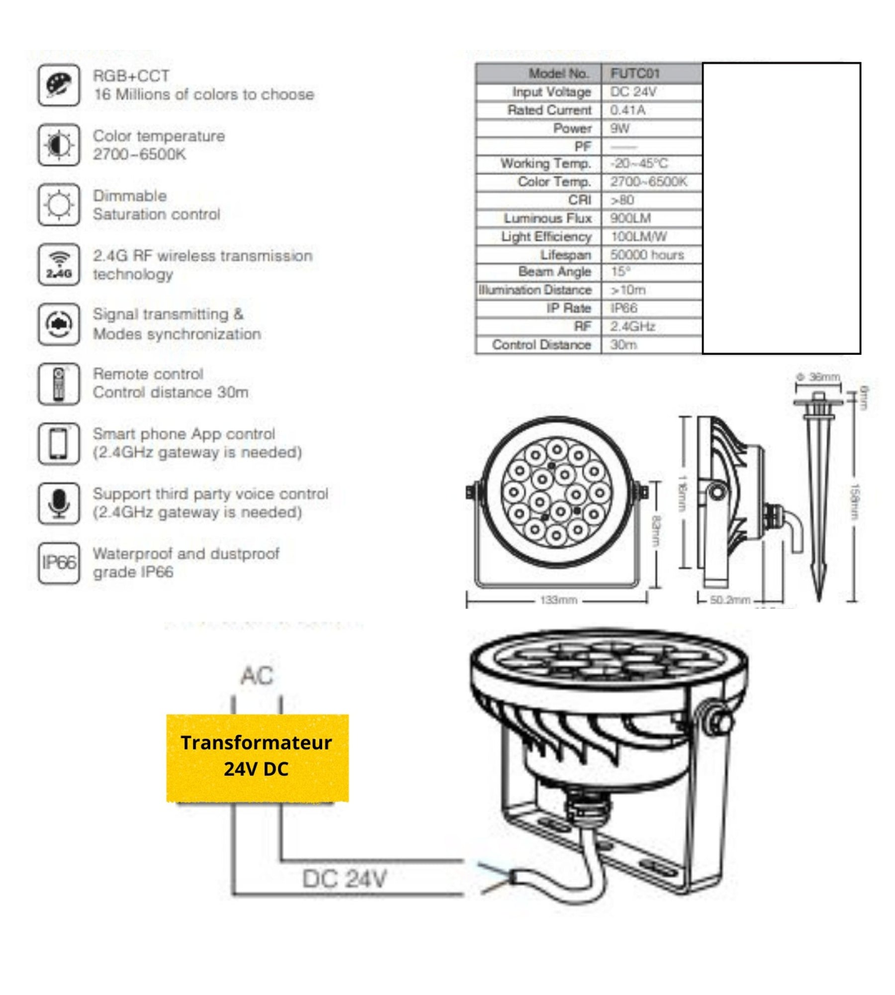 Projetor com controlo remoto FUTC01 RGB/CCT - 24V - Ø 11,5 cm - Especial para piscina - Controlo remoto