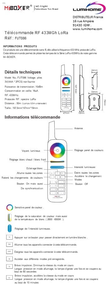 Controlo remoto RGBWW Gamme Lora 8 zonas - Alcance 50m - Lumihome-France.com