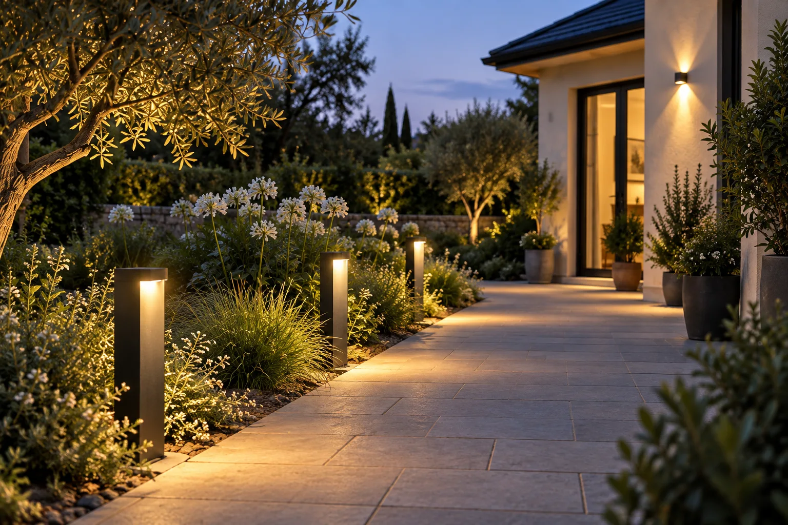 Allée de jardin bordée de points lumineux chauds, scène d’illustration