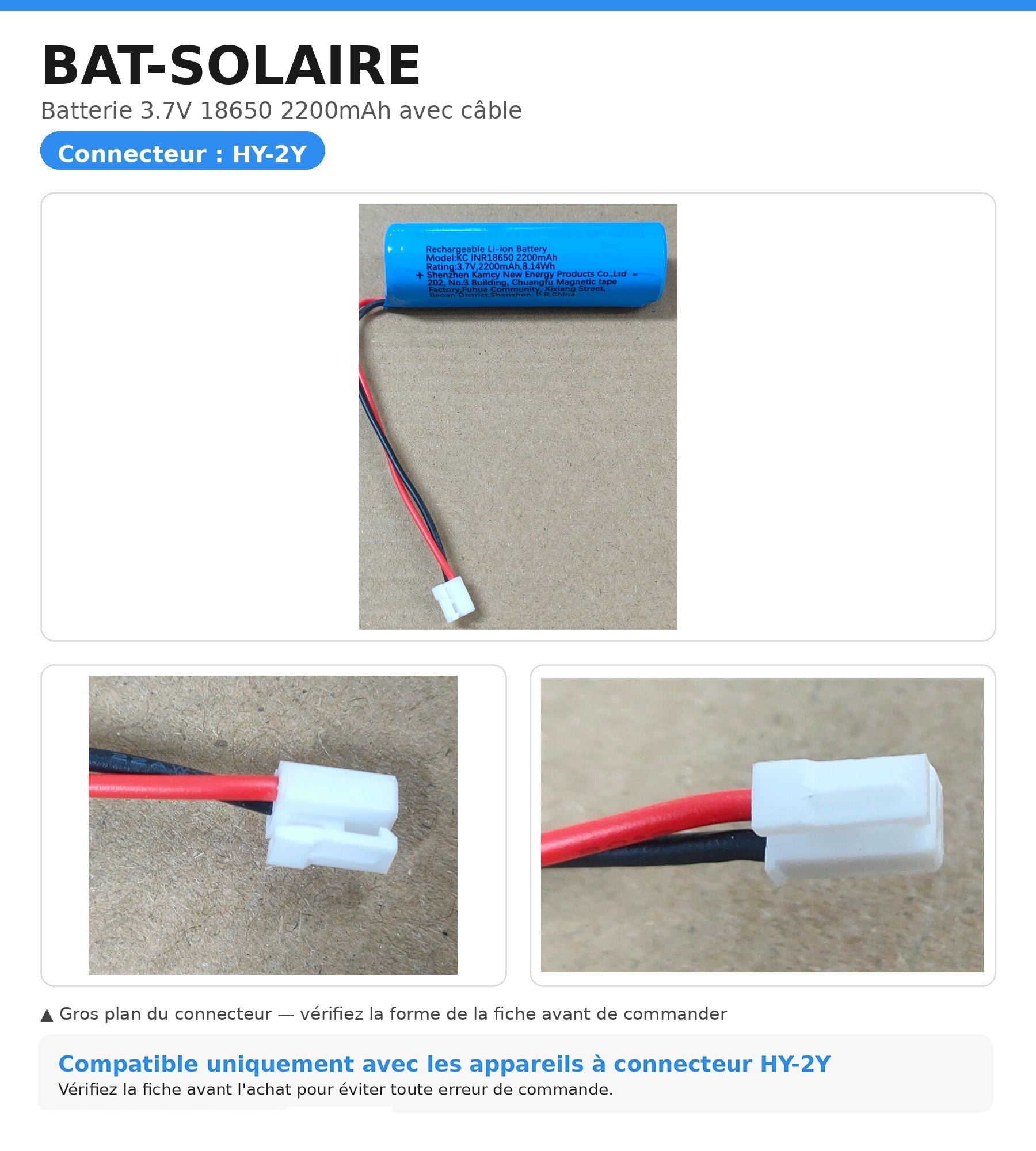 Batterie 18650 2200 mAh 3.7V avec petit plug blanc - Lumihome