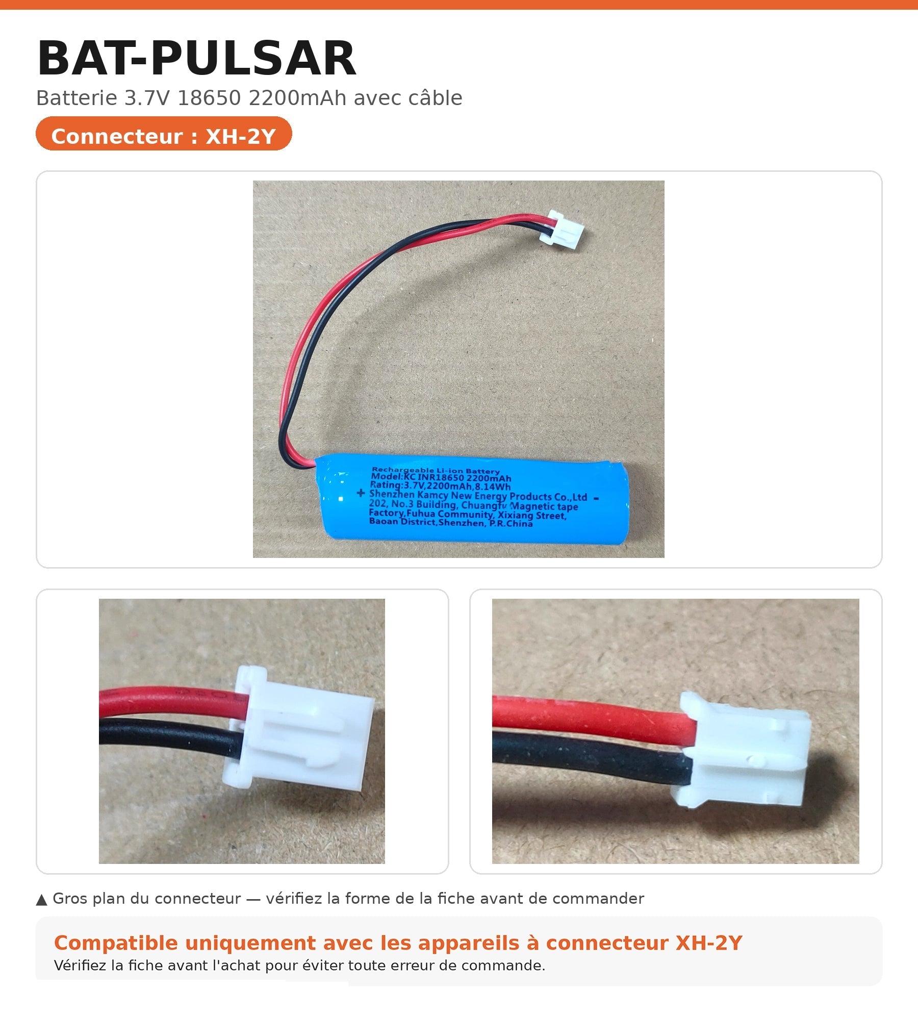 Batterie 18650 2200 mAh 3.7V avec plug blanc - Lumihome