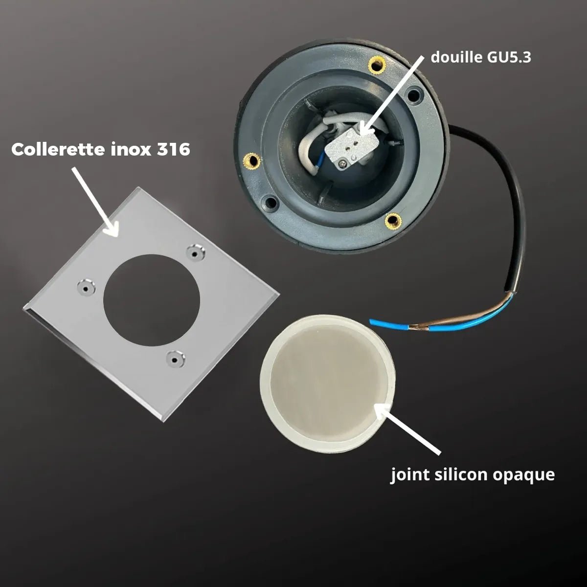 Spot encastrable pour abords de piscine à ampoule interchangeable GU5.3 - 12 Volt - Ø 10 cm Carré