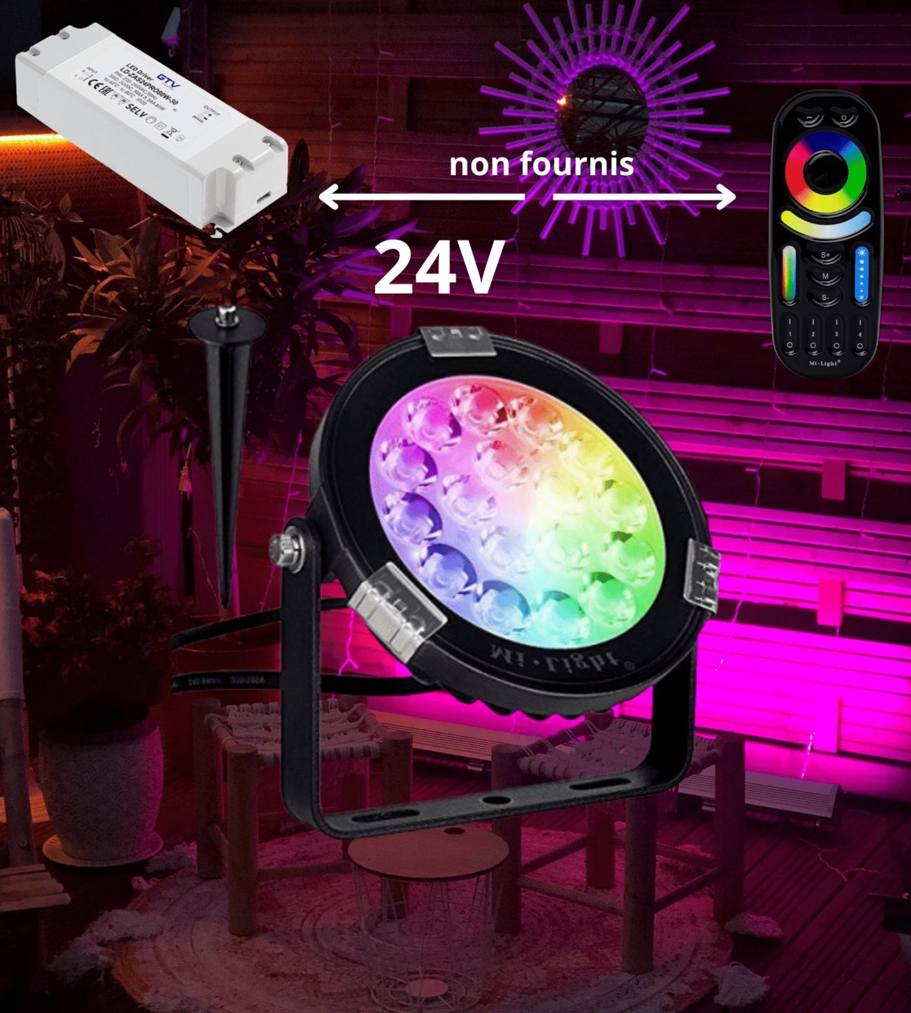 Spot piquet connecté FUTC01 RGB/CCT - 24V - Ø 11.5 cm - Spécial abords piscine - Télécommandable