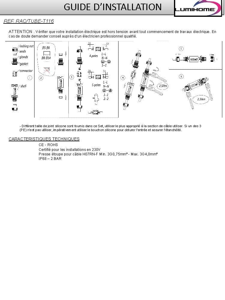 Connecteur Etanche RAC/TUBE-116 - IP68 - 5 fils - Pour câble souple - Lumihome