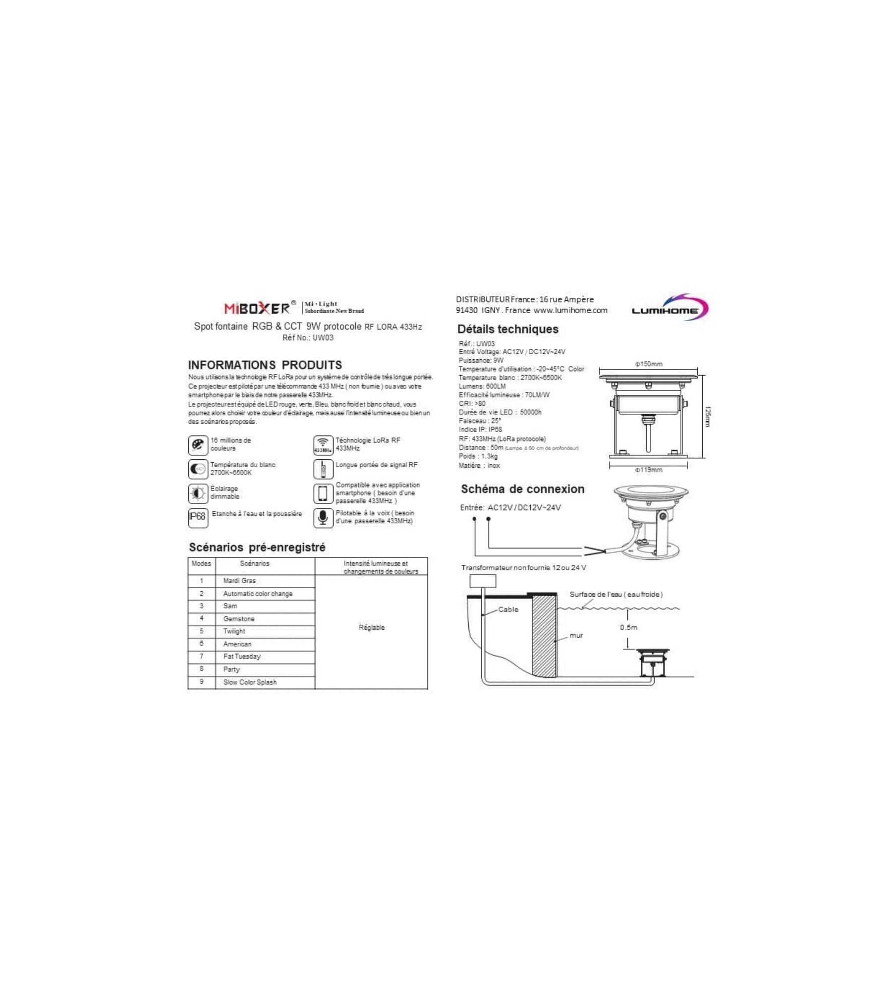 Faretto a LED per fontane RGB+CCT gamma LoRa - 12-24V AC/DC - Telecomandato