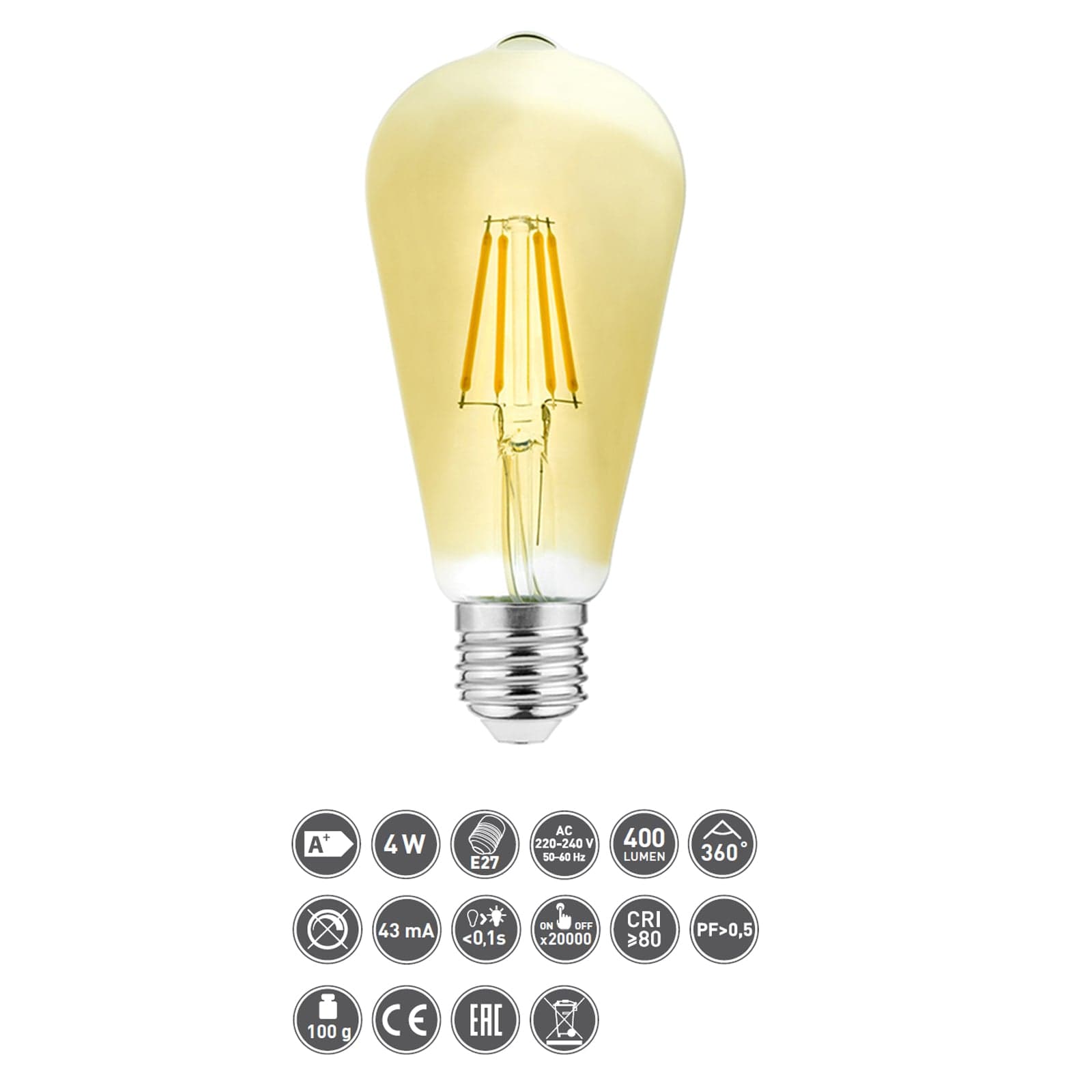 Bombilla LED E27 - 230V - Blanco cálido 3000K° - 400 lúmenes - 4W
