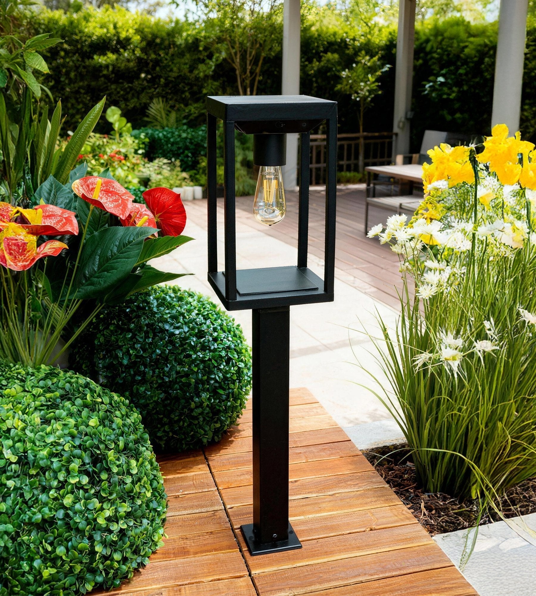 Bolardo solar exterior FAIRY, Negro, 70cm, con detector - Bombilla E27 incluida