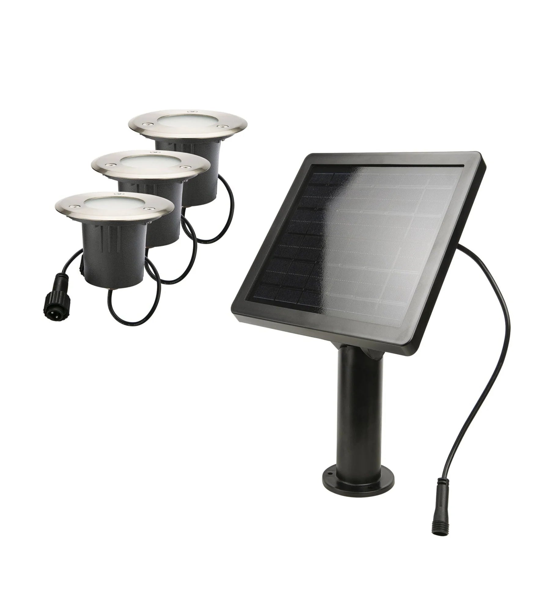 3er-Set Solar-LED-Einbaustrahler KIT3-SUN28, Edelstahl – 3 Kabel à 2 m – 100 Lumen je Strahler
