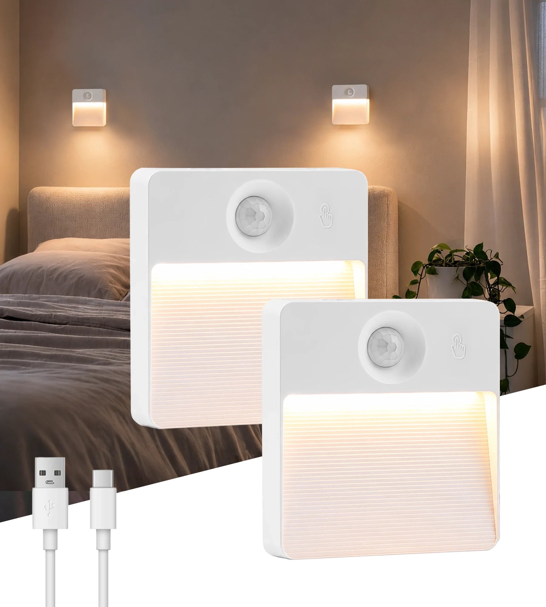 Pack x 2 Luces Nocturnas Interiores LED CUBA con Detección de Movimiento